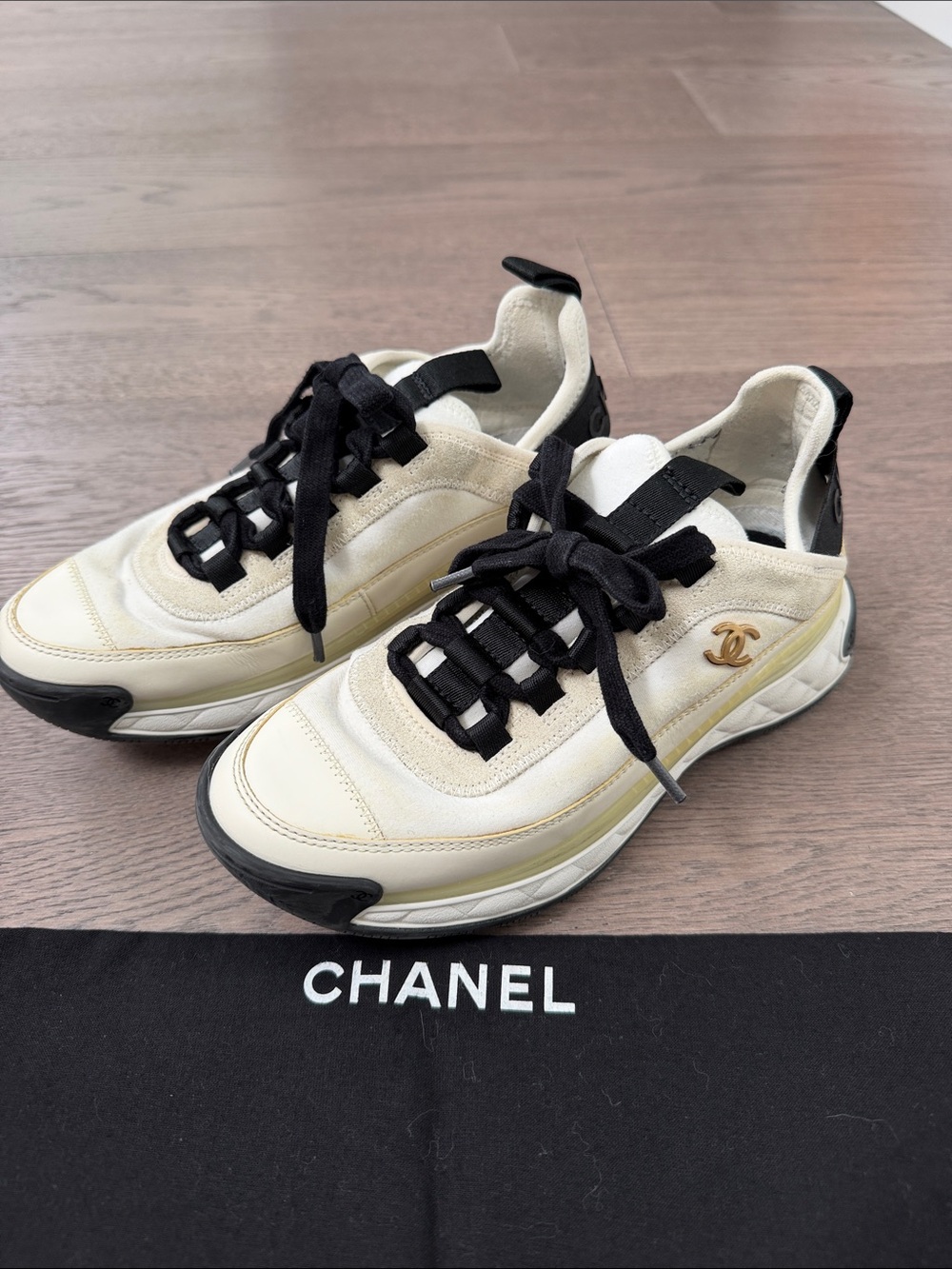 Authentic CHANEL Cream & Black Logo Lace-Up Sneakers women’s size 35.5/5.5